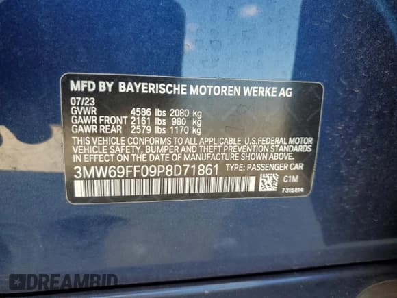 ✅ 2023 BMW 3 Series 330i • VIN: 3MW69FF09P8D71861 • Lot: 93385675. Listed on Copart with 16,079 mi. Free auction sales archive from the USA and detailed vehicle history report at DreamBid. Image 12.