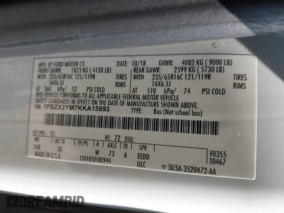 ✅ 2019 Ford Transit Passenger XL • VIN: 1FBZX2YM7KKA15693 • Lot: 42455026. Listed on IAAI with 306,315 mi. Free auction sales archive from the USA and detailed vehicle history report at DreamBid. Image 9.