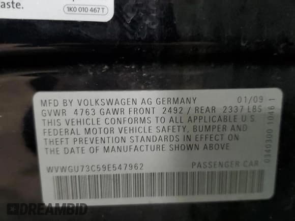 ✅ 2009 Volkswagen CC 4Motion • VIN: WVWGU73C59E547962 • Lot: 88816315. Wystawiony na Copart z przebiegiem 162 802 mil. Bezpłatny archiwum sprzedaży aukcyjnych z USA i szczegółowy raport historii pojazdu na DreamBid. Zdjęcie 12.