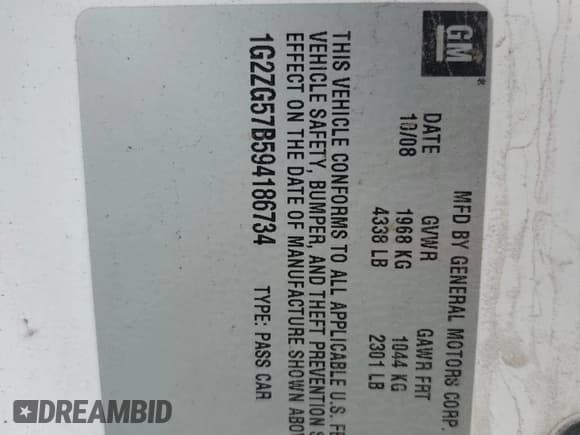 ✅ 2009 Pontiac G6 1SA • VIN: 1G2ZG57B594186734 • Lot: 90953235. Listed on Copart with 168,398 mi. Free auction sales archive from the USA and detailed vehicle history report at DreamBid. Image 12.