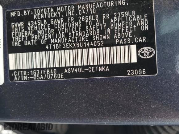 2011 Toyota Camry LE с VIN 4T1BF3EKXBU144052, выставлен на аукционе Copart как лот 82071885 с пробегом 264 862 миль миль и Списание • Salvage title. История ставок и продаж доступна на DreamBid. Изображение 12.