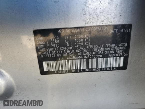 ✅ 2021 Subaru Legacy Limited • VIN: 4S3BWAN61M3012320 • Lot: 84270535. Listed on Copart with 90,540 mi. Free auction sales archive from the USA and detailed vehicle history report at DreamBid. Image 12.