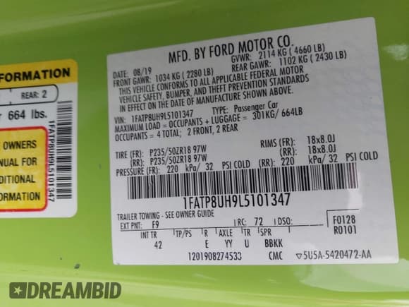 ✅ 2020 Ford Mustang EcoBoost Premium • VIN: 1FATP8UH9L5101347 • Lot: 43377781. Listed on IAAI with 99,545 mi. Free auction sales archive from the USA and detailed vehicle history report at DreamBid. Image 9.