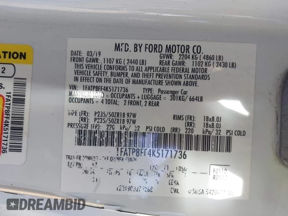 ✅ 2019 Ford Mustang GT Premium • VIN: 1FATP8FF4K5171736 • Lot: 43613323. Wystawiony na IAAI z przebiegiem 59 354 mil. Bezpłatny archiwum sprzedaży aukcyjnych z USA i szczegółowy raport historii pojazdu na DreamBid. Zdjęcie 9.