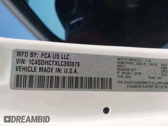 ✅ 2020 Dodge Durango R/T • VIN: 1C4SDHCTXLC393879 • Lot: 43213995. Listed on IAAI with 67,305 mi. Free auction sales archive from the USA and detailed vehicle history report at DreamBid. Image 9.