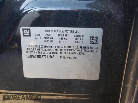 ✅ 2015 Chevrolet Cruze LS • VIN: 1G1PA5SG3F7211642 • Lot: 73084442. Listed on Copart with 100,403 mi. Free auction sales archive from the USA and detailed vehicle history report at DreamBid. Image 14.