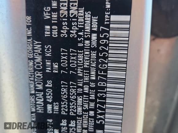 ✅ 2015 Hyundai Santa Fe • VIN: 5XYZT3LB7FG252957 • Lot: 87065335. Listed on Copart with 70,741 mi. Free auction sales archive from the USA and detailed vehicle history report at DreamBid. Image 13.