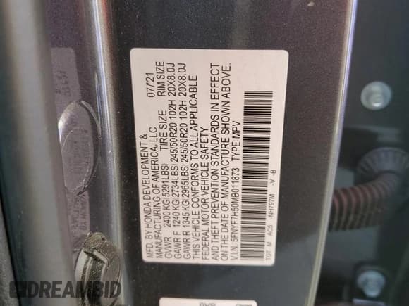 ✅ 2021 Honda Passport EX-L • VIN: 5FNYF7H50MB011873 • Lot: 63999955. Listed on Copart with 86,739 mi. Free auction sales archive from the USA and detailed vehicle history report at DreamBid. Image 13.