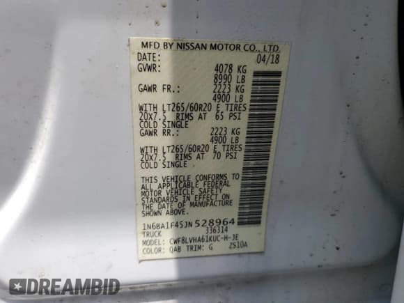 ✅ 2018 Nissan Titan Platinum Reserve • VIN: 1N6BA1F45JN528964 • Лот: 62143025. Опубликован ранее на Copart с пробегом Не указан. Бесплатный доступ к архиву аукционных продаж из США и подробный отчёт об истории автомобиля на DreamBid. Изображение 12.