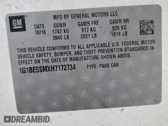✅ 2017 Chevrolet Cruze LT • VIN: 1G1BE5SMXH7172734 • Lot: 65258545. Listed on Copart with Not provided. Free auction sales archive from the USA and detailed vehicle history report at DreamBid. Image 12.