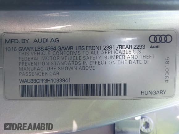 ✅ 2017 Audi A3 Premium • VIN: WAUB8GFF3H1033941 • Lot: 43167618. Listed on IAAI with 97,575 mi. Free auction sales archive from the USA and detailed vehicle history report at DreamBid. Image 9.