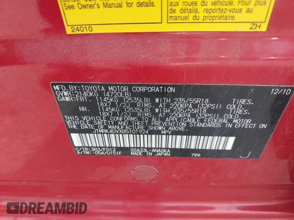 ✅ 2011 Toyota RAV4 Sport • VIN: JTMRK4DVXB5101924 • Lot: 42519927. Listed on IAAI with 215,905 mi. Free auction sales archive from the USA and detailed vehicle history report at DreamBid. Image 9.