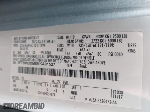 ✅ 2019 Ford Transit • VIN: 1FTBW3XM8KKA91527 • Lot: 42784081. Listed on IAAI with 276,705 mi. Free auction sales archive from the USA and detailed vehicle history report at DreamBid. Image 9.