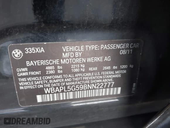 ✅ 2011 BMW 3 Series 335i xDrive • VIN: WBAPL5G59BNN22777 • Lot: 42109275. Listed on IAAI with 126,747 mi. Free auction sales archive from the USA and detailed vehicle history report at DreamBid. Image 9.