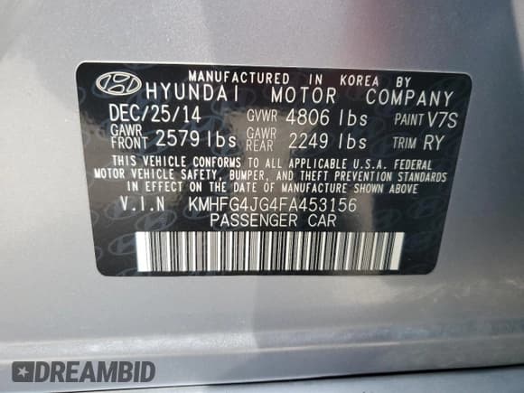 ✅ 2015 Hyundai Azera • VIN: KMHFG4JG4FA453156 • Lot: 86844795. Listed on Copart with 104,948 mi. Free auction sales archive from the USA and detailed vehicle history report at DreamBid. Image 12.