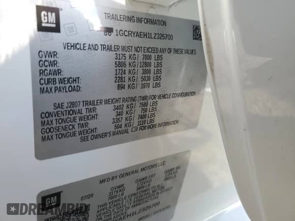 2020 Chevrolet Silverado 1500 Work Truck with VIN 1GCRYAEH1LZ325700, listed as a Copart auction lot 81700634 with 53,251 mi miles and Salvage title. Bid and sale history available at DreamBid. Image 12.