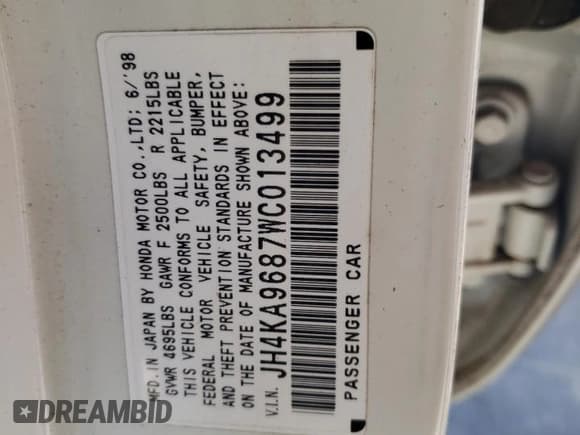 ✅ 1998 Acura RL Special Edition • VIN: JH4KA9687WC013499 • Lot: 72534404. Listed on Copart with 174,720 mi. Free auction sales archive from the USA and detailed vehicle history report at DreamBid. Image 12.