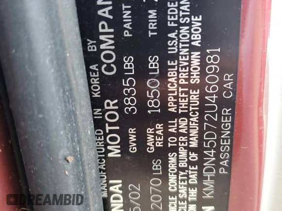 2002 Hyundai Elantra GLS z VIN KMHDN45D72U460981, wystawiony jako Copart lot #74837984 z przebiegiem Nie podano mil oraz Nie do naprawy • Non repairable. Historia ofert i sprzedaży dostępna na DreamBid. Obrazek 13.