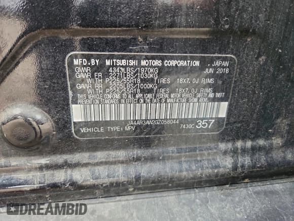 ✅ 2016 Mitsubishi Outlander ES • VIN: JA4AR3AW2GZ058044 • Lot: 95338335. Listed on Copart with 191,522 mi. Free auction sales archive from the USA and detailed vehicle history report at DreamBid. Image 13.