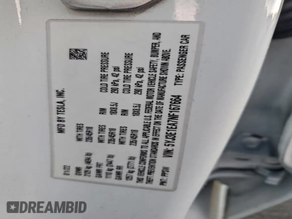 ✅ 2022 Tesla Model 3 • VIN: 5YJ3E1EA7NF167664 • Лот: 95686855. Опубликован ранее на Copart с пробегом 47 256 миль. Бесплатный доступ к архиву аукционных продаж из США и подробный отчёт об истории автомобиля на DreamBid. Изображение 12.