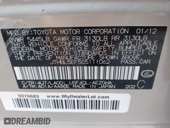 ✅ 2012 Lexus LS 460 • VIN: JTHBL5EF5C5111062 • Lot: 42726458. Listed on IAAI with 87,277 mi. Free auction sales archive from the USA and detailed vehicle history report at DreamBid. Image 9.