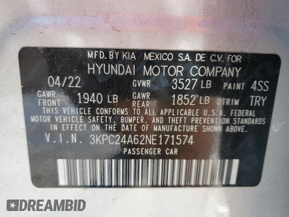 ✅ 2022 Hyundai Accent SE • VIN: 3KPC24A62NE171574 • Лот: 45521815. Опубликован ранее на Copart с пробегом 54 304 миль. Бесплатный доступ к архиву аукционных продаж из США и подробный отчёт об истории автомобиля на DreamBid. Изображение 12.