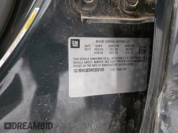 ✅ 2017 Chevrolet Cruze LT • VIN: 1G1BH5SE5H7230166 • Lot: 73652072. Listed on Copart with 53,032 mi. Free auction sales archive from the USA and detailed vehicle history report at DreamBid. Image 12.