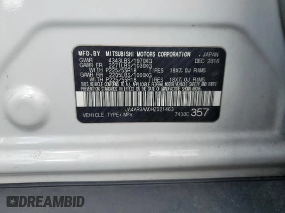 ✅ 2017 Mitsubishi Outlander SE • VIN: JA4AR3AW0HZ021463 • Lot: 91800425. Wystawiony na Copart z przebiegiem 96 400 mil. Bezpłatny archiwum sprzedaży aukcyjnych z USA i szczegółowy raport historii pojazdu na DreamBid. Zdjęcie 13.