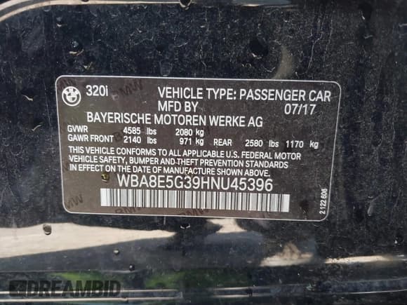 ✅ 2017 BMW 3 Series 320i xDrive • VIN: WBA8E5G39HNU45396 • Lot: 42696741. Listed on IAAI with 62,213 mi. Free auction sales archive from the USA and detailed vehicle history report at DreamBid. Image 9.