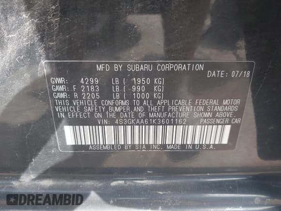 ✅ 2019 Subaru Impreza • VIN: 4S3GKAA61K3601162 • Lot: 42882853. Listed on IAAI with 108,309 mi. Free auction sales archive from the USA and detailed vehicle history report at DreamBid. Image 9.