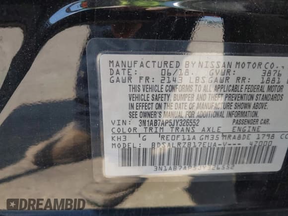 ✅ 2018 Nissan Sentra S • VIN: 3N1AB7AP5JY326552 • Lot: 43113357. Listed on IAAI with 122,885 mi. Free auction sales archive from the USA and detailed vehicle history report at DreamBid. Image 9.