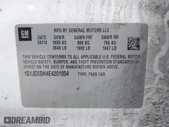 2014 Chevrolet Sonic LT с VIN 1G1JC6SH4E4201054, выставлен на аукционе IAAI как лот 43435918 с пробегом 192 964 миль миль и . История ставок и продаж доступна на DreamBid. Изображение 9.