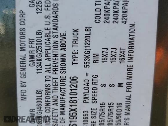 ✅ 2001 Chevrolet S-10 • VIN: 1GCCS195X18101206 • Лот: 87549895. Опубликован ранее на Copart с пробегом 83 262 миль. Бесплатный доступ к архиву аукционных продаж из США и подробный отчёт об истории автомобиля на DreamBid. Изображение 12.