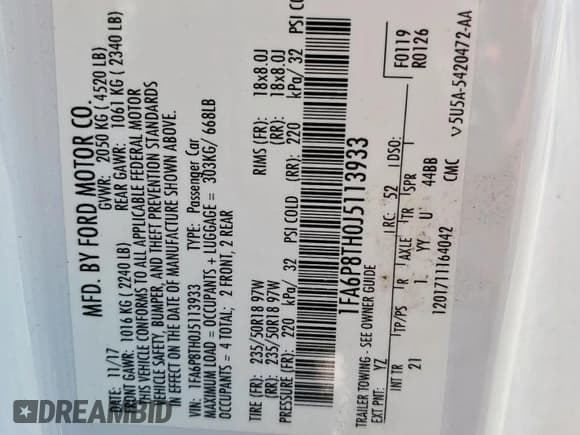 ✅ 2018 Ford Mustang EcoBoost • VIN: 1FA6P8TH0J5113933 • Lot: 92417315. Listed on Copart with 149,735 mi. Free auction sales archive from the USA and detailed vehicle history report at DreamBid. Image 12.