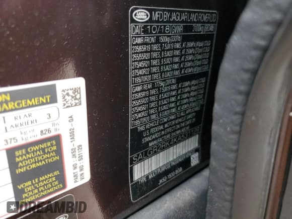 ✅ 2019 Land Rover Range Rover • VIN: SALGR2RK4KA531129 • Lot: 42554915. Listed on Copart with 70,605 mi. Free auction sales archive from the USA and detailed vehicle history report at DreamBid. Image 12.