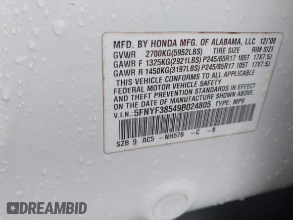 ✅ 2009 Honda Pilot EX-L • VIN: 5FNYF38549B024805 • Lot: 42904416. Wystawiony na IAAI z przebiegiem 221 601 mil. Bezpłatny archiwum sprzedaży aukcyjnych z USA i szczegółowy raport historii pojazdu na DreamBid. Zdjęcie 9.