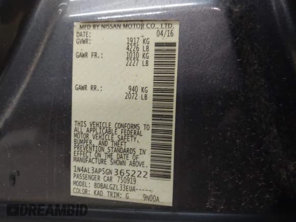 ✅ 2016 Nissan Altima S • VIN: 1N4AL3AP5GN365222 • Lot: 43755195. Listed on IAAI with Not provided. Free auction sales archive from the USA and detailed vehicle history report at DreamBid. Image 9.