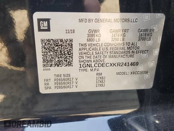 2019 Chevrolet Tahoe Commercial with VIN 1GNLCDECXKR241469, listed as a Copart auction lot 65674525 with Not provided miles and Salvage title. Bid and sale history available at DreamBid. Image 13.