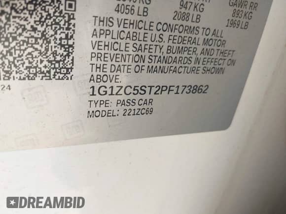 2023 Chevrolet Malibu LS с VIN 1G1ZC5ST2PF173862, выставлен на аукционе IAAI как лот 43444851 с пробегом 47 587 миль миль и . История ставок и продаж доступна на DreamBid. Изображение 8.