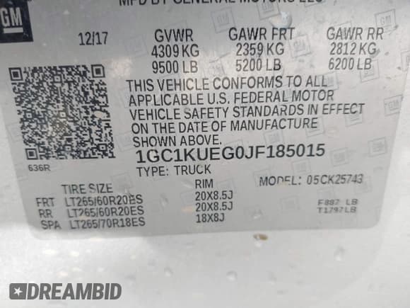 ✅ 2018 Chevrolet Silverado 2500HD Work Truck • VIN: 1GC1KUEG0JF185015 • Lot: 42571720. Listed on IAAI with 185,083 mi. Free auction sales archive from the USA and detailed vehicle history report at DreamBid. Image 9.