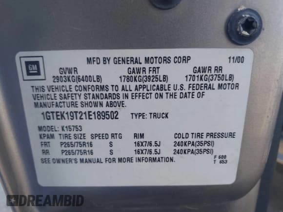 ✅ 2001 GMC Sierra 1500 SLE • VIN: 1GTEK19T21E189502 • Лот: 42865607. Опубликован ранее на IAAI с пробегом 229 087 миль. Бесплатный доступ к архиву аукционных продаж из США и подробный отчёт об истории автомобиля на DreamBid. Изображение 9.