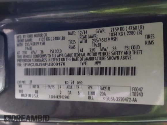 ✅ 2015 Ford Escape Titanium • VIN: 1FMCU0J94FUB00176 • Lot: 43802892. Listed on IAAI with 168,065 mi. Free auction sales archive from the USA and detailed vehicle history report at DreamBid. Image 9.