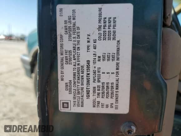 1996 Chevrolet Blazer LT с VIN 1GNDT13W0TK159549, выставлен на аукционе Copart как лот 74097264 с пробегом 141 226 миль миль и Чистый • Clean title. История ставок и продаж доступна на DreamBid. Изображение 14.