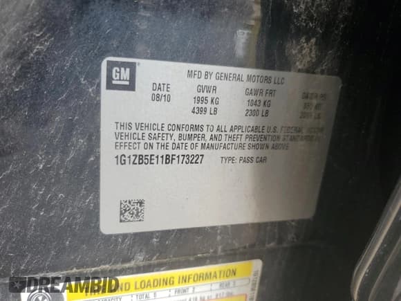 ✅ 2011 Chevrolet Malibu 1LS • VIN: 1G1ZB5E11BF173227 • Lot: 66145054. Listed on Copart with 123,244 mi. Free auction sales archive from the USA and detailed vehicle history report at DreamBid. Image 12.