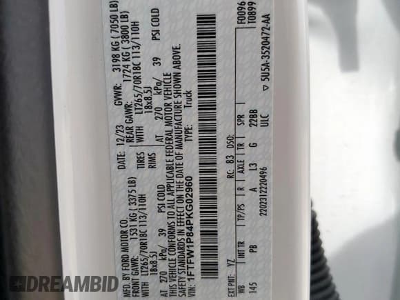 ✅ 2023 Ford F-150 • VIN: 1FTFW1P84PKG02960 • Lot: 60457565. Wystawiony na Copart z przebiegiem 3 463 mil. Bezpłatny archiwum sprzedaży aukcyjnych z USA i szczegółowy raport historii pojazdu na DreamBid. Zdjęcie 12.