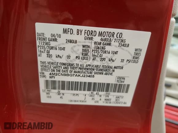 ✅ 2010 Mercury Mariner • VIN: 4M2CN9BG7AKJ23405 • Lot: 84254994. Listed on Copart with 71,705 mi. Free auction sales archive from the USA and detailed vehicle history report at DreamBid. Image 13.