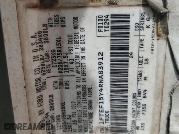 ✅ 1994 Ford F-150 • VIN: 1FTEF15Y4RNA83912 • Lot: 71161824. Wystawiony na Copart z przebiegiem Nie podano. Bezpłatny archiwum sprzedaży aukcyjnych z USA i szczegółowy raport historii pojazdu na DreamBid. Zdjęcie 12.