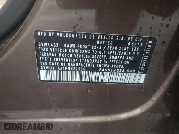 ✅ 2015 Volkswagen Jetta SE • VIN: 3VWD17AJ1FM422960 • Lot: 55860335. Listed on Copart with 87,616 mi. Free auction sales archive from the USA and detailed vehicle history report at DreamBid. Image 12.