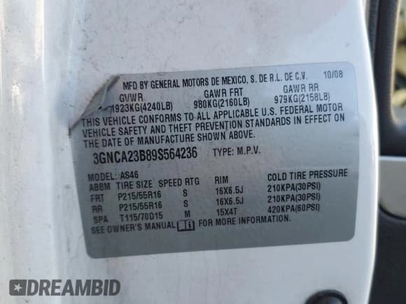 ✅ 2009 Chevrolet HHR 1LT • VIN: 3GNCA23B89S564236 • Lot: 81724644. Listed on Copart with 138,741 mi. Free auction sales archive from the USA and detailed vehicle history report at DreamBid. Image 12.