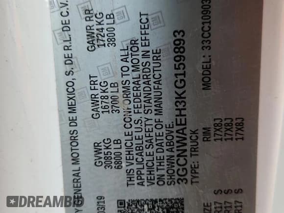 ✅ 2019 Chevrolet Silverado 1500 Work Truck • VIN: 3GCNWAEH3KG159893 • Lot: 69656755. Wystawiony na Copart z przebiegiem 78 618 mil. Bezpłatny archiwum sprzedaży aukcyjnych z USA i szczegółowy raport historii pojazdu na DreamBid. Zdjęcie 13.